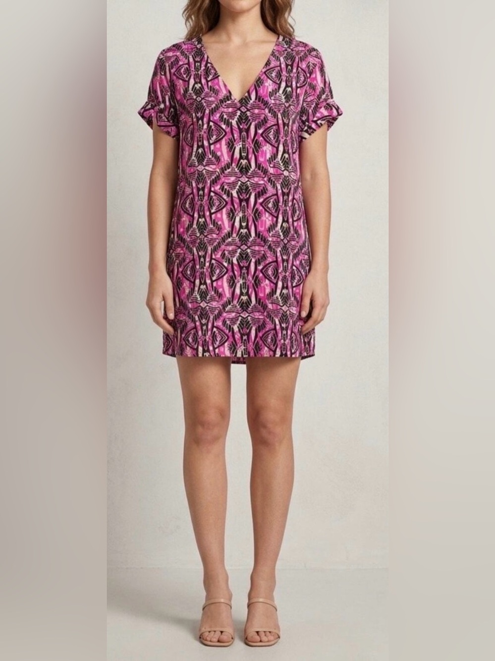 Amanda Uprichard Mini Dress Silk Pink & Black Geometric Shift Dress